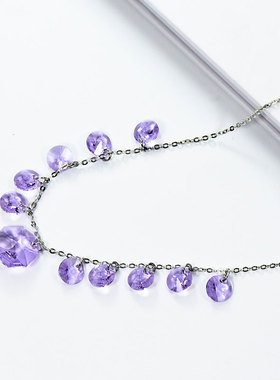 S925纯银色饰品紫色水晶项链套链短款锁骨链时尚精致颈链甜美吊坠