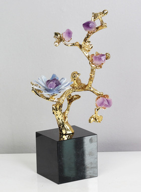 轻奢金色黄铜树枝紫水晶摆件样板间客厅玄关装饰摆设招财装饰品