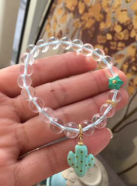 原创设计天然白水晶手链女款单圈简约风格搭配菱镁矿仙人掌，星星