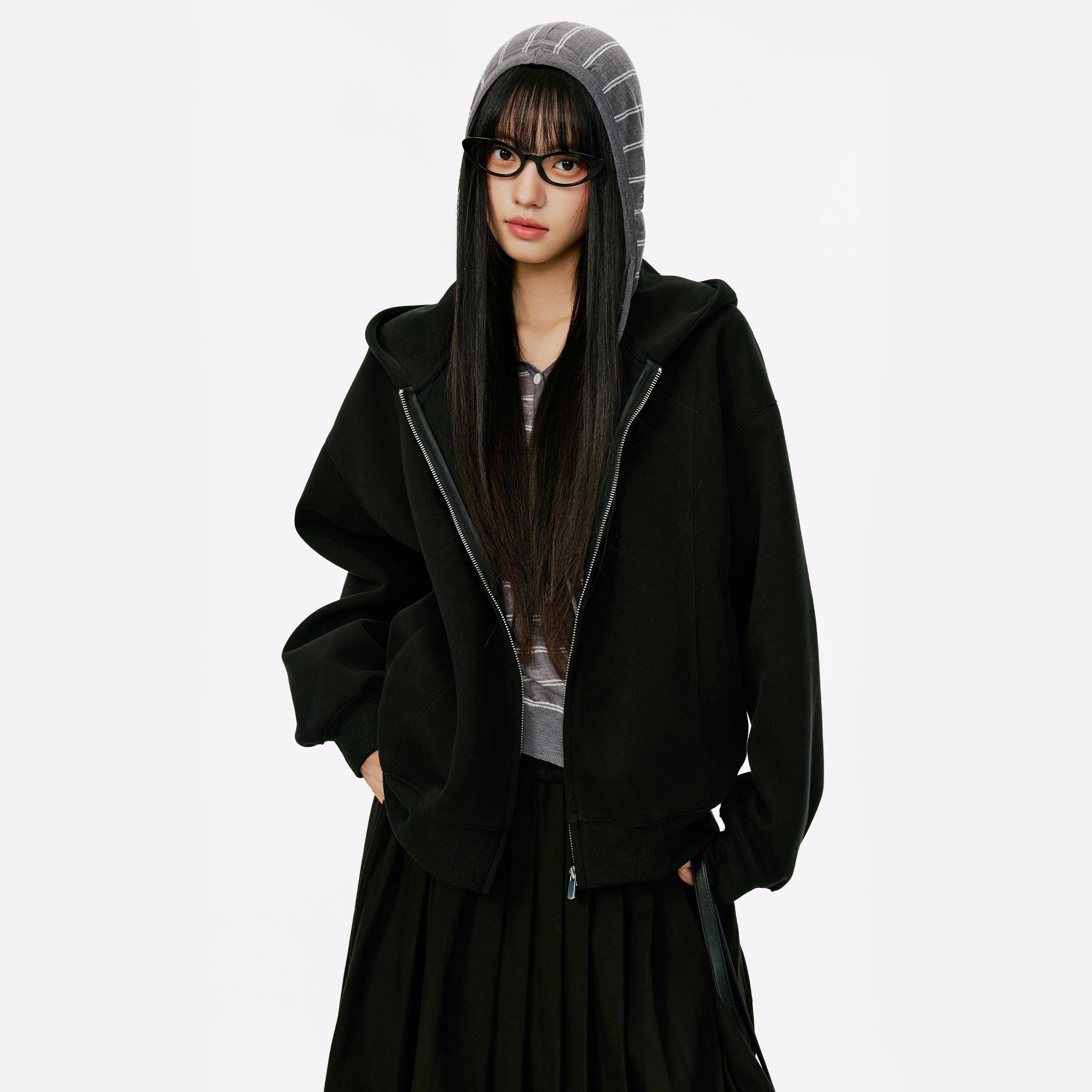 Burgenland灰色拉链连帽卫衣开衫女秋季韩系早秋宽松休闲薄款外套 - 图2