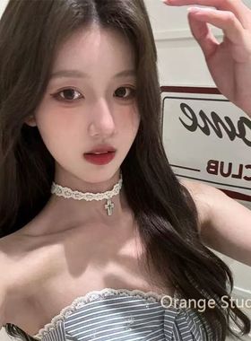 甜酷白色十字架蕾丝项圈颈链绑带个性友朋choker锁骨项链