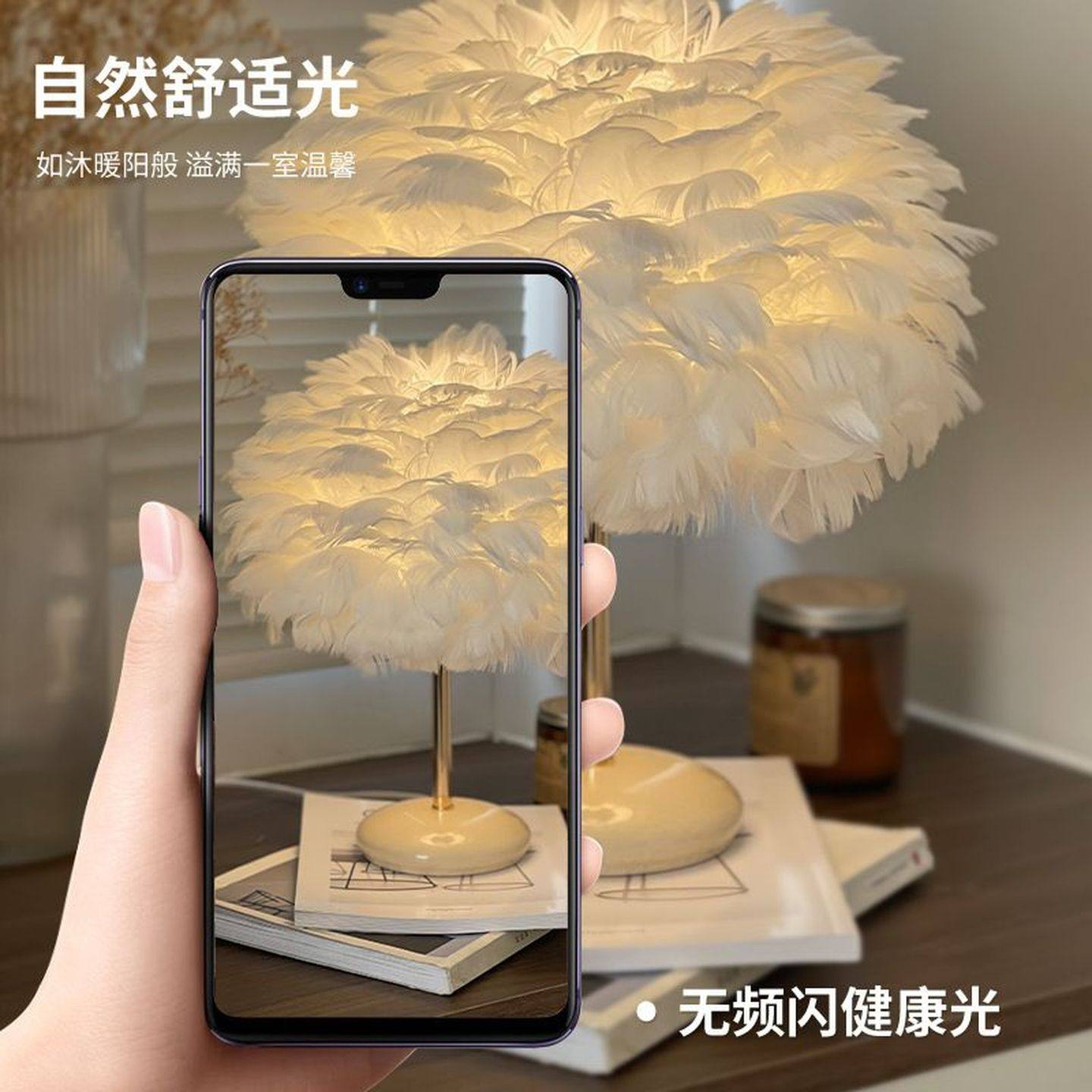 轻奢护眼羽毛台灯网红直播间背景装饰氛围灯客厅女生卧室床头灯,淘宝优惠券,粉丝福利购,淘宝优惠卷