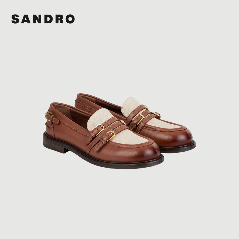季末7折SANDRO2025秋冬新款女士英伦风时尚米色帆布双扣乐福鞋,淘宝优惠券,粉丝福利购,淘宝优惠卷