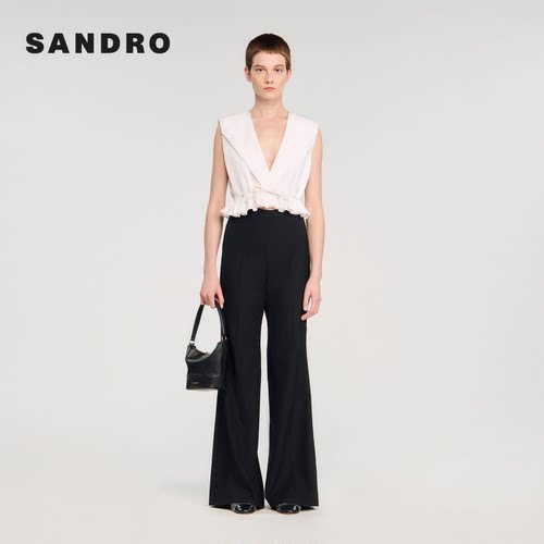 季末6折SANDRO2025秋冬新款女装法式休闲黑色简约微喇休闲裤长裤 - 图1