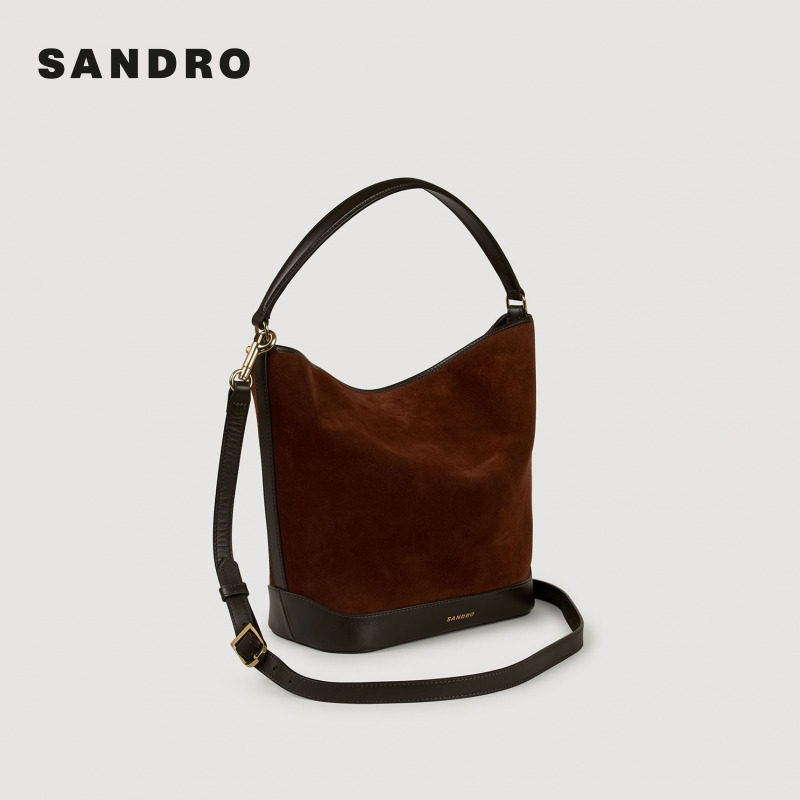 季末6折SANDRO2025秋冬新款女士绒面皮革拼接金属扣单肩背提包,淘宝优惠券,粉丝福利购,淘宝优惠卷