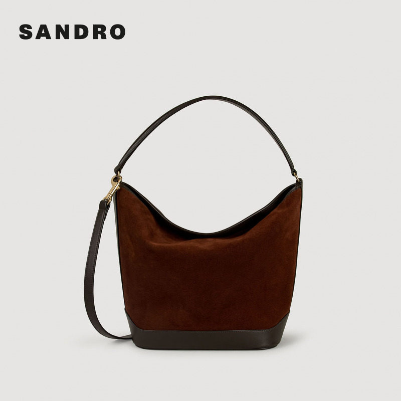 季末6折SANDRO2025秋冬新款女士绒面皮革拼接金属扣单肩背提包,淘宝优惠券,粉丝福利购,淘宝优惠卷
