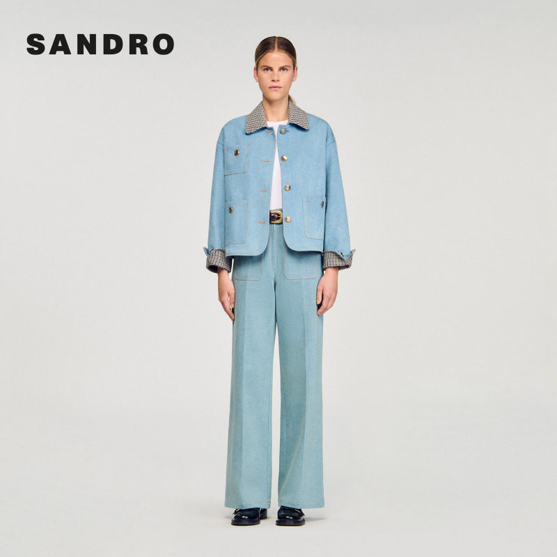 SANDRO2025秋冬新款女装休闲法式蓝色格纹翻领单排扣牛仔短外套,淘宝优惠券,粉丝福利购,淘宝优惠卷