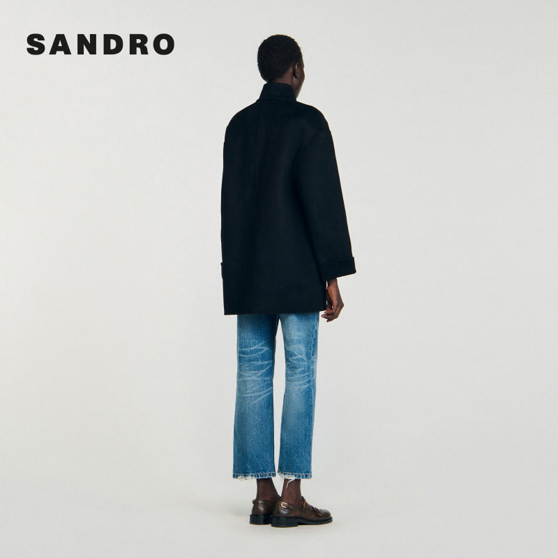SANDRO2025秋冬新款女装复古绵羊毛立领皮革金属搭扣毛呢大衣外套,淘宝优惠券,粉丝福利购,淘宝优惠卷