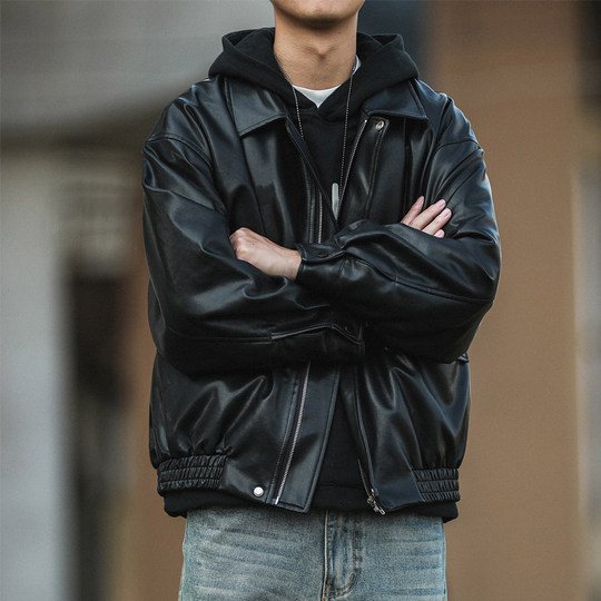 嘿马七作美式翻领皮衣短款外套复古春秋款男女休闲美拉德机车夹克