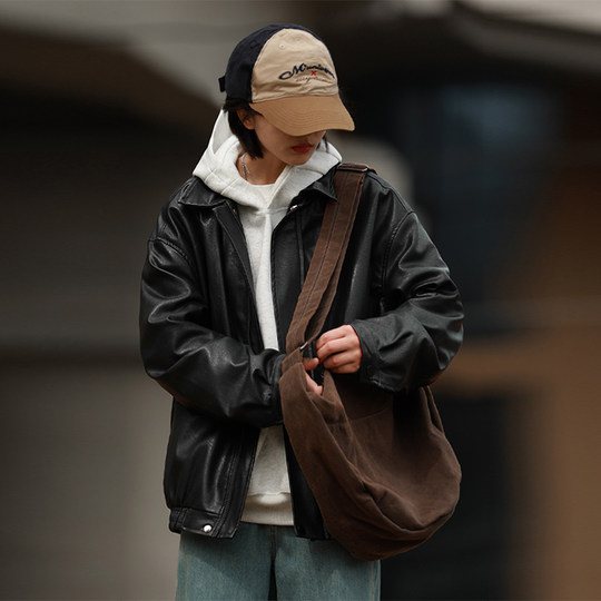 嘿马七作美式翻领皮衣短款外套复古春秋款男女休闲美拉德机车夹克