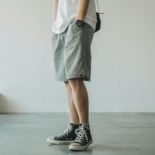 嘿马七作日系复古原创夏季抽绳收口休闲宽松短裤男工装五分裤潮牌 - 图1