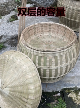 竹编双层提篮带盖收纳篮菜篮