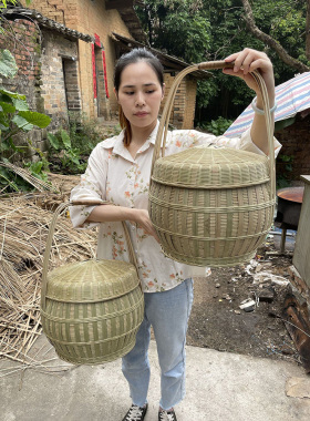 竹编制品大提篮双层提篮大容量野餐提篮拜神篮子复古收纳篮菜篮