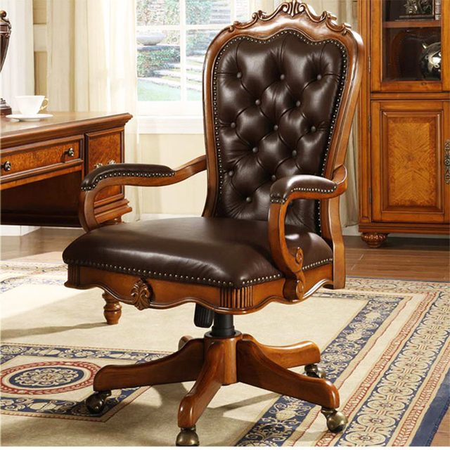Office chair solid wood genuine leather hibiscus flower