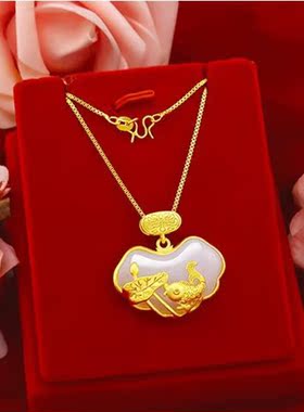 越南女士平安锁沙金项链玉石吊坠