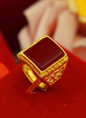 越南沙金镶嵌和田玉宝石开口戒指