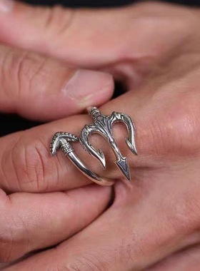 复古三叉戟戒指开口可调节