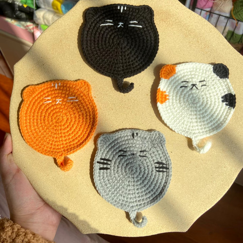 DIY手工钩织小猫咪杯垫毛线编织材料包钩针创意礼物隔热水杯垫子 - 图0
