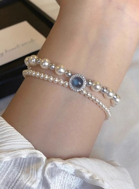 s925银海蓝宝施家珍珠手链女麻灰色强光小米珠气质双层手串手饰