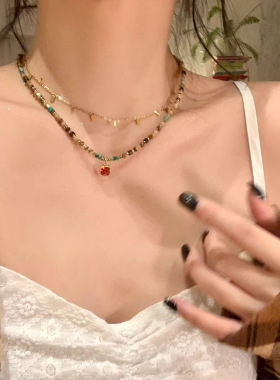 抖音同款多巴胺混色天然石红色方块吊坠项链女气质轻奢小众锁骨链