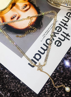 满钻星星钻链欧美五角星珍珠吊坠锁骨链choker颈带 Y形流苏项链女