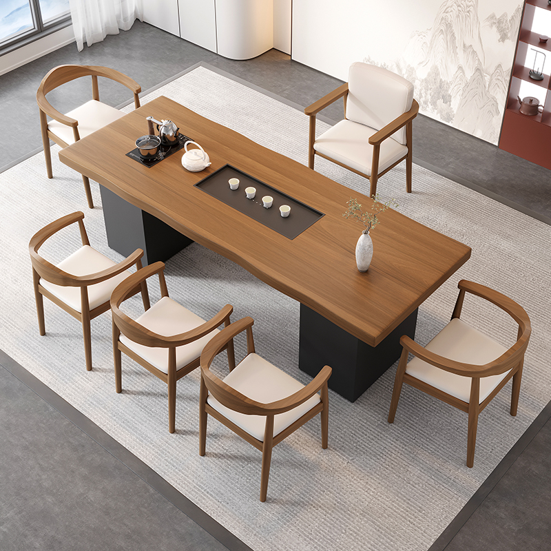 新中式全实木大板茶桌椅组合现代简约带柜子一体功夫泡茶台茶几 - 图3