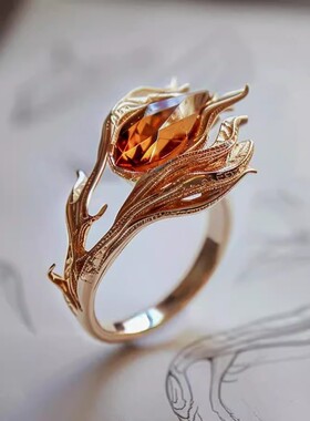 火焰凤凰之环芬达石色橙锆石戒指女小众设计古法花丝碧玺彩宝钻戒