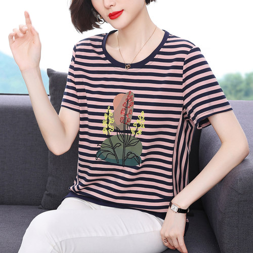 妈妈夏装2025新款纯棉短袖t恤女中老年大码圆领上衣时尚条纹小衫 - 图1