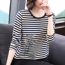 Mother Pure Cotton Long Sleeve T-shirt Female Autumn Winter Clothing 2023 New Middle Aged Striped Blouses Undershirt Autumwear Outwear