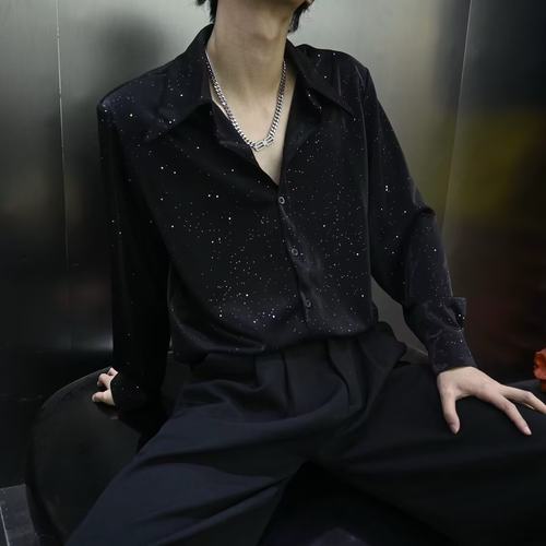 痞帅潮流ins黑色长袖衬衫男禁欲系满天星烫金设计感宽松夜店上衣 - 图0