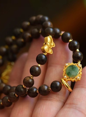 原创沉香文玩手链天然翡翠多宝隔珠925古法银蝴蝶结配件饰品情侣