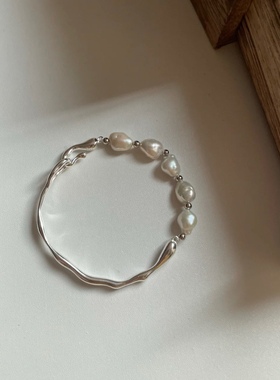 925纯银ins风巴洛克珍珠半镯手链手环镯diy手工手绳
