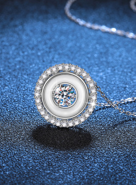 S925银镀18K金PT950铂金镶50分莫桑钻白贝母奢华几何双圈吊坠项链