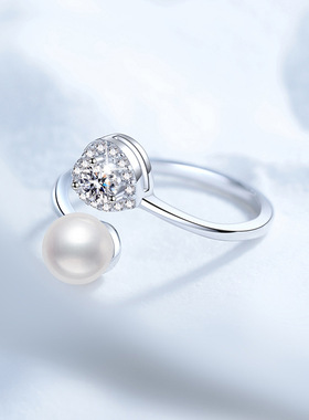 S925银镀18K金PT950铂金镶莫桑石爱心形天然淡水珍珠可调节戒指环