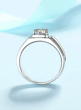 S925银镀18K金PT950铂金镶嵌D色一克拉莫桑石戒指男士环经典男戒