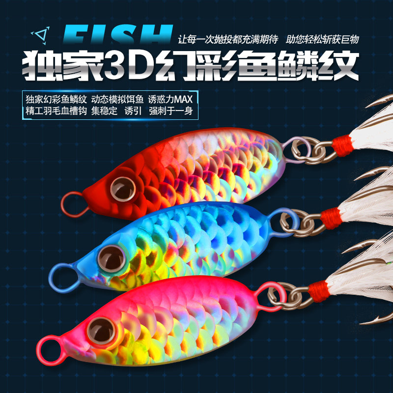 远投铁板独家3D立体鱼鳞纹路亚饵翘嘴路亚假饵羽毛血槽三本钩鱼饵,淘宝优惠券,粉丝福利购,淘宝优惠卷