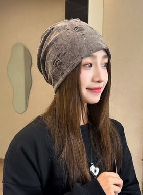 纯色破洞冷帽女流苏帽子