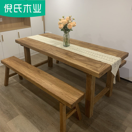 老榆木门板茶桌原木茶台复古餐桌实木书桌怀旧风民宿饭店桌长方形 - 图1