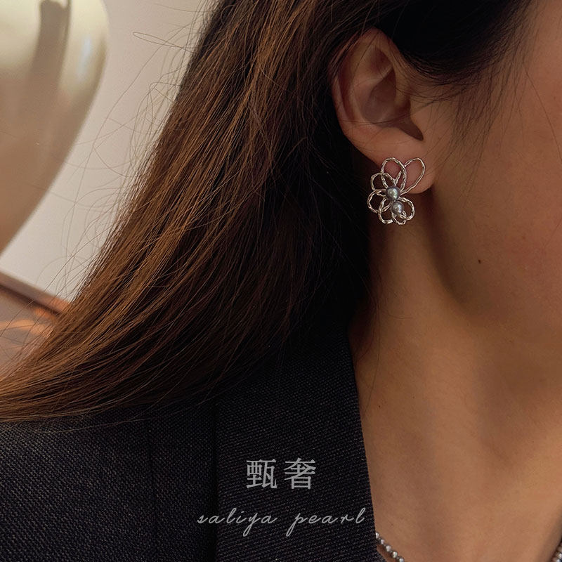 《花样年轮》银蓝真多麻色珍珠S925纯银镂空花朵耳钉森系气质耳饰,淘宝优惠券,粉丝福利购,淘宝优惠卷
