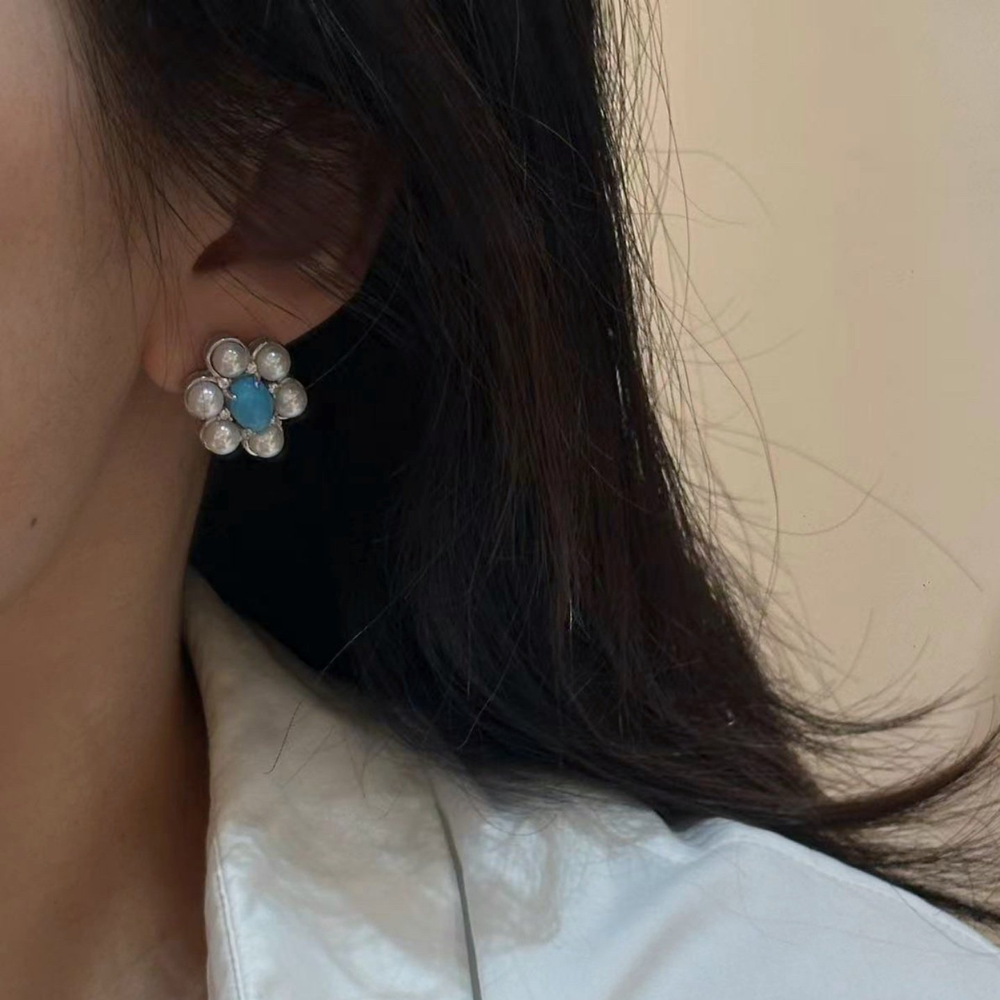 《松蓝落花》精工纯银极光正圆淡水珍珠松石耳钉高级衬肤色耳饰,淘宝优惠券,粉丝福利购,淘宝优惠卷