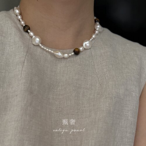 《滴水灵韵》小众设计款不规则淡水巴洛克珍珠虎眼石项链手链套装 - 图0