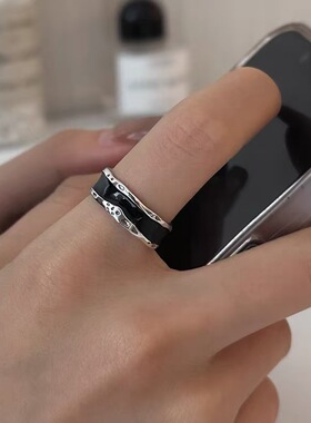 镀银黑色滴釉食指戒指女小众设计高级感时尚个性开口戒子