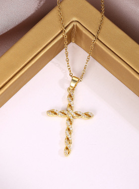 欧美复古立体麻花十字架项链女吊坠铜镶锆石首饰小众设计轻奢饰品