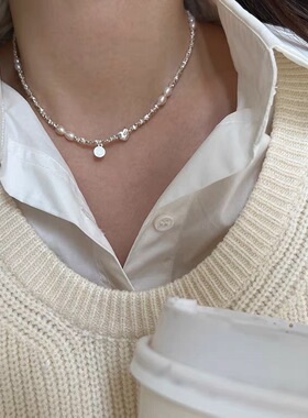 S925镀银碎银子笑脸爱心珍珠项链简约小众项链轻奢气质女