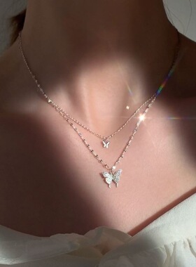 新款蝴蝶双层项链女简约气质小众设计2022年纯银轻奢仙气锁骨链夏