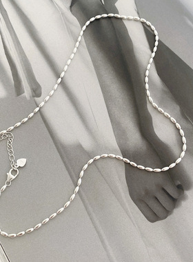 925纯银简约小众ins叠戴米粒橄榄珠项链女锁骨链纯链时尚潮