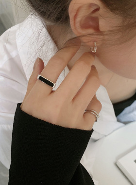 S925镀银戒指女滴胶长方形开口戒指食指银指环不规则尾戒关节戒