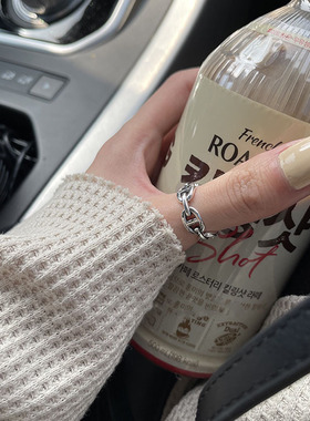 韩版时尚双层光面麻花银戒指女ins风做旧质感小众设计食指开口戒