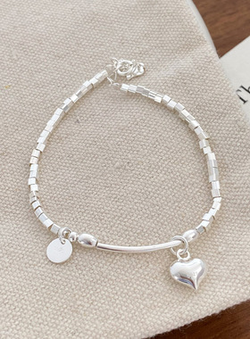 925纯银网红同款方块碎银子圆片爱心手链手环女生礼物ins潮手饰