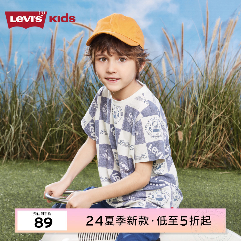 Levis李维斯儿童男童短袖T恤2023夏新款棋盘格满印半袖上衣童装 - 图0